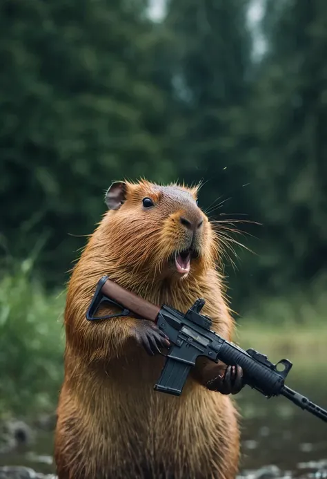 ((A fierce capybara holding a rifle in his hands)). breathtaking shot,movie action still frame,cinematic shot!,shot from movie,war,<lora:Assault_rifle:1>,