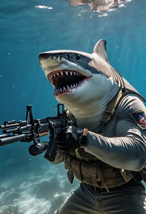 ((A fierce shark holding a rifle in his hands)). breathtaking shot,movie action still frame,cinematic shot!,shot from movie,war,<lora:Assault_rifle:1>,
