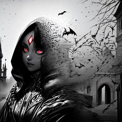 (Selective Color monochorome:1.5), (zentangle :1.4),
(Vampire:1), (Outer red cloak:1.2),
(The vampire girl residing in the ancient castle spends her time with an enchanting and seductive allure. Her red eyes accentuate her presence. One night, she bared her fangs and attacked at an inhuman speed, defying her human nature:1.3),
(glows ultra-detailed deep Ruby eyes:1.1), (gradient eyes:1.1), (finely detailed beautiful eyes:1.1), (symmetrical eyes:1.1),
(ancient castle:1.1), (Attack_pose:1.1),
(looking back:1.1), (A swarm of bats:1.2),
(masterpiece:1.3), (illustration:1.1), (best quality:1.1), (best aethetic:1), (beautiful art:1.2), (ultra-detailed:1.2), (8k), (HDR), (sharp focus), (intricate),
<lora:more_details:1>, <lora:LowRA:0.2>, <lora:Beautiful Detailed Eyes:0.55>,
<lora:DisintegrationEffect:1>, DisintegrationEffect,
<lora:GlowingEyes:0.5>