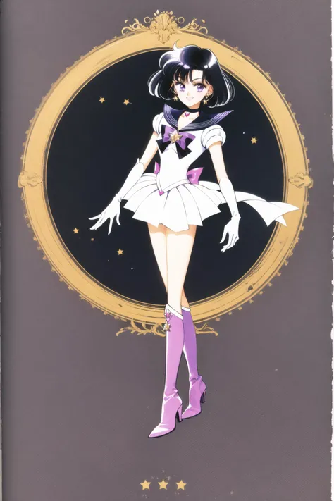 1girl, tomoe hotaru, solo, star brooch, jewelry, star choker, sailor senshi uniform, knee boots, star (symbol), skirt, brooch, boots, magical girl, purple skirt, gloves, sailor collar, sailor saturn, choker, full body, purple sailor collar, black hair, elbow gloves, bow, short hair, white gloves, pleated skirt, purple eyes, standing, earrings, tiara, looking at viewer, purple footwear,smile, back bow, heart brooch, black bow, gradient, bob cut,<lora:Takeuchi Naoko:0.8>