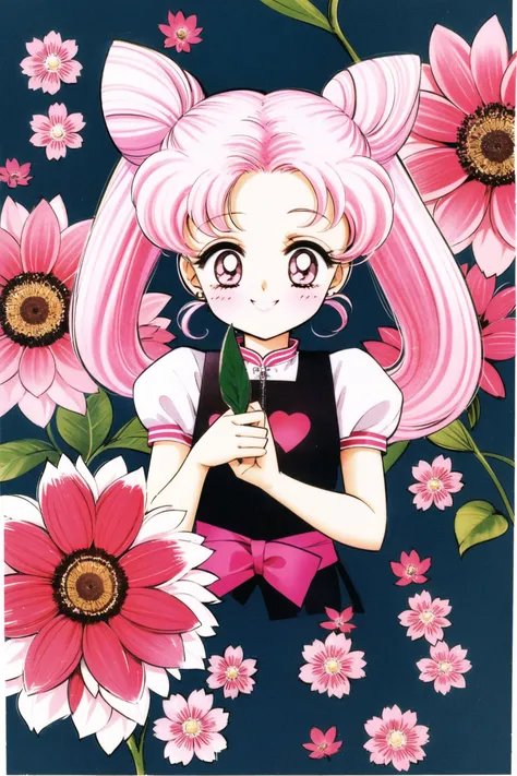 1girl, solo, chibi usa, double bun, hair bun, flower, smile, pink hair, twintails, cone hair bun, short sleeves, puffy sleeves, traditional media, puffy short sleeves, looking at viewer, bangs, colorful, multicolored background, pink eyes, parted bangs,<lora:Takeuchi Naoko:0.8>