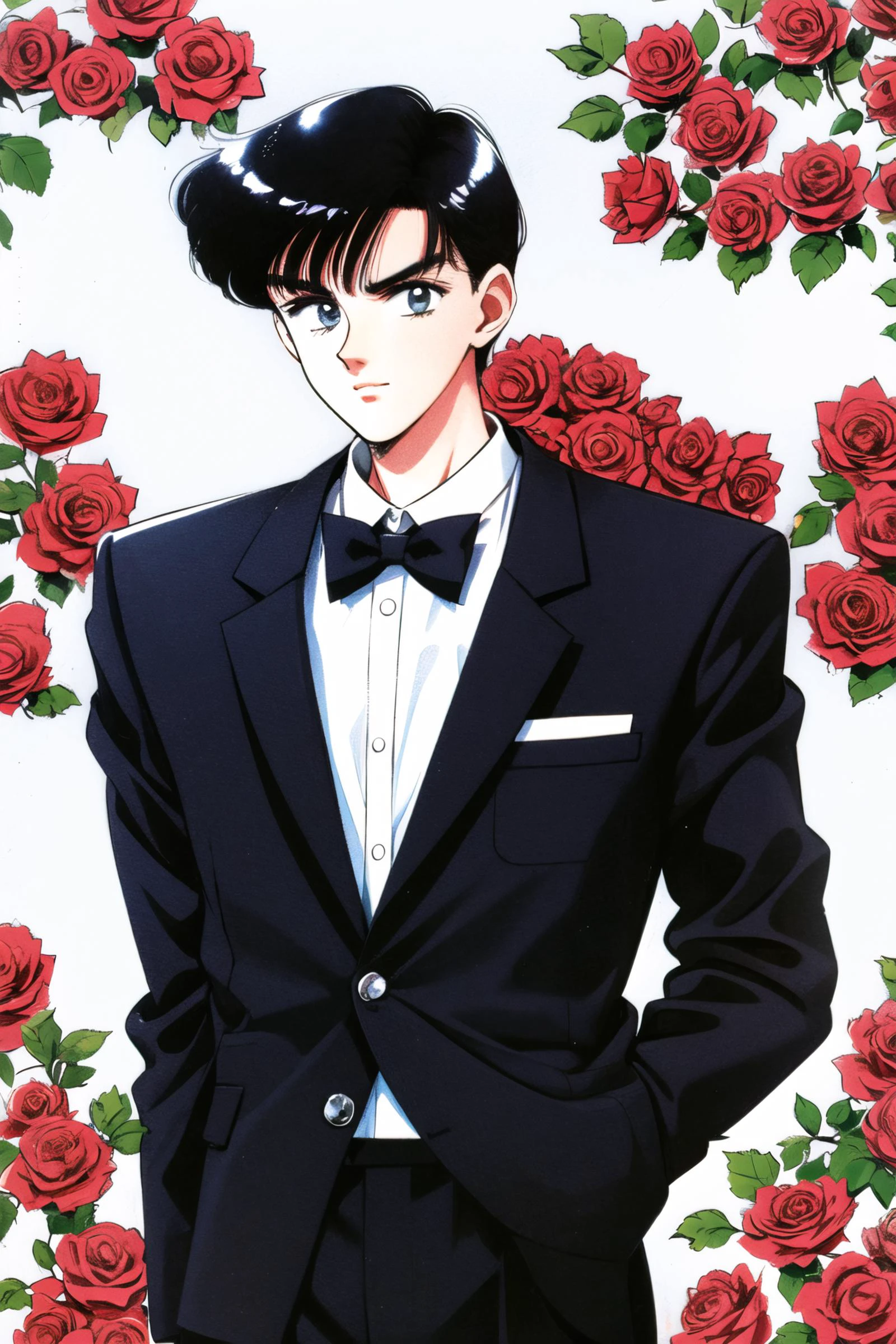 1boy, solo, black hair, flower, formal, bowtie, white background, pants, retro artstyle,black suit, standing, 1990s (style), rose, short hair,<lora:Takeuchi Naoko:0.8>
