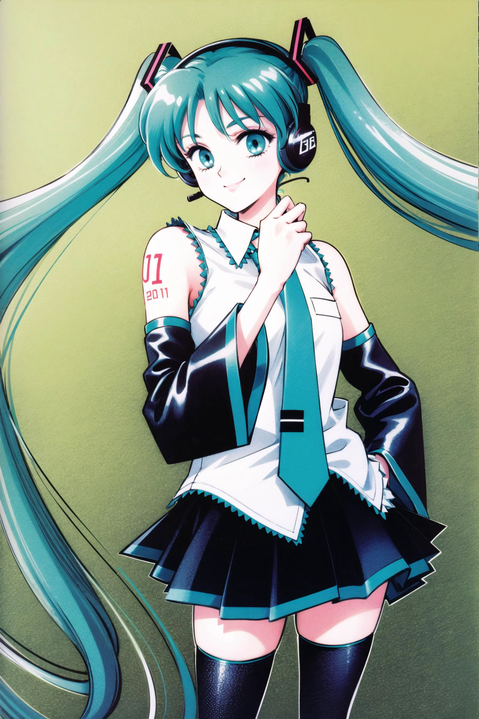 1girl, long hair, solo, hatsune miku, thighhighs, twintails, skirt, detached sleeves, very long hair, necktie, smile, aqua eyes, aqua hair, tattoo, shirt, black thighhighs, sleeveless, zettai ryouiki, black skirt, looking at viewer, headset, sleeveless shirt, hair ornament, pleated skirt, bare shoulders, aqua necktie, headphones, shoulder tattoo, white shirt, standing, black sleeves, miniskirt, <lora:Takeuchi Naoko:0.8>