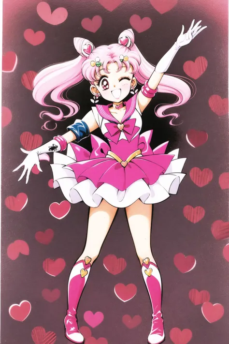 1girl, brooch, solo, jewelry, heart brooch, heart, hair bun, skirt, cone hair bun, gloves, sailor senshi uniform, chibi usa, multicolored skirt, white gloves, smile, elbow gloves, pink hair, one eye closed, arm up, twintails, multicolored clothes, double bun, sailor collar, magical girl, knee boots, boots, bow, pleated skirt, ;d, pink sailor collar, red eyes, open mouth, v, hair ornament, white background, standing, looking at viewer, back bow, pink footwear, heart background, choker, earrings, tiara, miniskirt, heart choker, traditional media, red bow, ribbon, retro artstyle,<lora:Takeuchi Naoko:0.8>