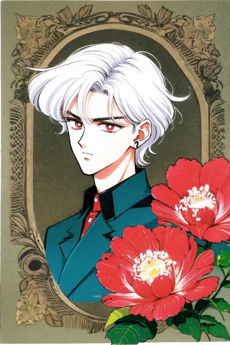 solo, male focus, 1boy, flower, white hair, jewelry, bishounen, earrings, 1990s (style), retro artstyle, red eyes, upper body, traditional media,<lora:Takeuchi Naoko:0.8>