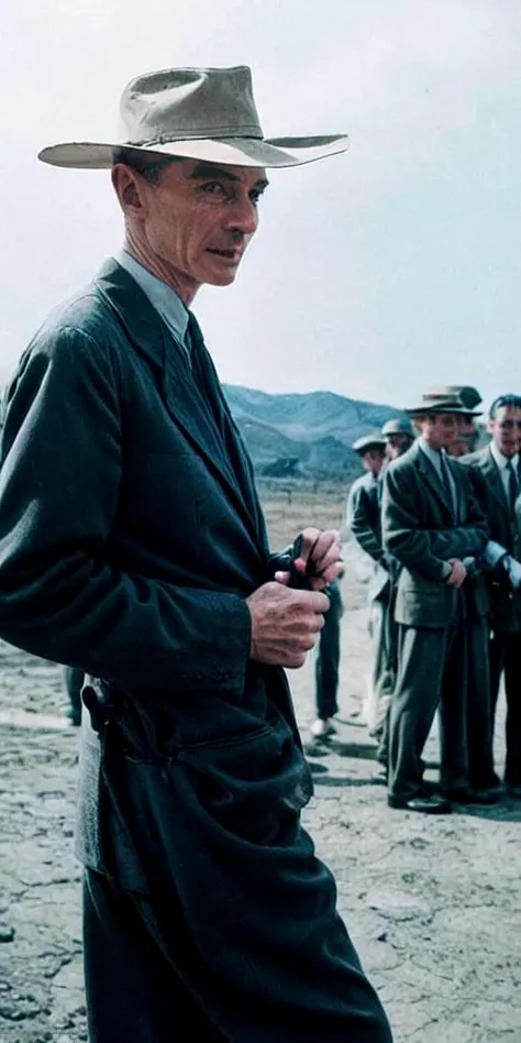 hat, multiple boys, male focus, necktie, solo focus, formal, suit, hand in pocket, blurry, outdoors, long sleeves, shirt,Oppenheimer,<lyco:Oppenheimer:0.8>,<lora:flat2:-1>,<lora:boldline2:-0.5>,color photograph,((fist))