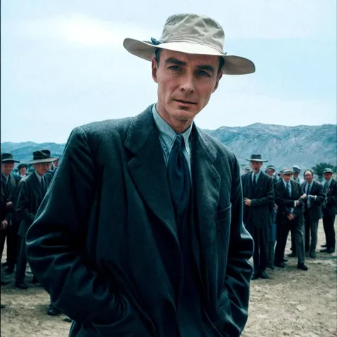 hat, multiple boys, male focus, necktie, solo focus, formal, suit, hand in pocket, blurry, outdoors, long sleeves, shirt,Oppenheimer,<lyco:Oppenheimer:0.8>,<lora:flat2:-1>,<lora:boldline2:-0.5>,color photograph,((fist))