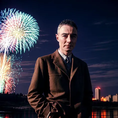 Oppenheimer,<lyco:Oppenheimer:0.9>,<lora:flat2:-1>,<lora:boldline2:-0.5>,color photograph,fireworks