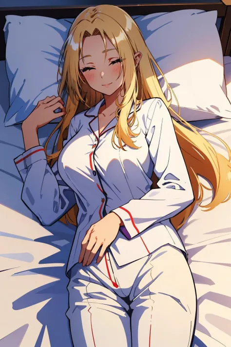 masterpiece, best quality, <lora:alpha-nvwls-v1-000009:0.9> alpha, white pajamas, pajama pants, bed, lying on side, large breasts, looking at viewer, pillow, (closed eyes:0.8), smile