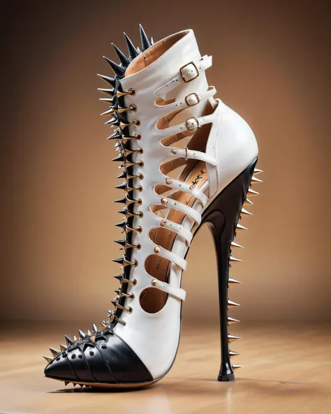 Role-playing game (RPG) style fantasy <lora:LatexID_-_Ai_Heels:1> rpg game invenentory asset art a white and black high heel shoe with spikes, stylish shoe design, spiked, spikes, long spikes, thin spikes, ornate spikes, pointy jester shoes, stilettos, long metal spikes, black and whitehighly detailed, in style of 3d render, high heels, skin spikes, stylized as a 3d render, 3d rendered, 3 d rendered blurry background, Extremely high-resolution details, photographic, realism pushed to extreme, fine texture, incredibly lifelike . Extremely high-resolution details, realism pushed to extreme, fine texture, incredibly lifelike . Detailed, vibrant, immersive, reminiscent of high fantasy RPG games