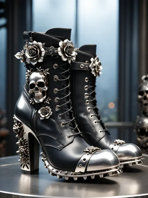 cinematic photo 100mm, RAW photograph of heavy metal boots, black leather, stylish shoe design, in the style of highly detailed, (silver steel skull:), (silver steel flower:0.8), <lora:add-detail-xl:0.5> <lora:LatexID_-_Ai_Heels:1> <lora:xl_more_art-full_v1:0.5>, 35mm photograph, film, bokeh, professional, 4k, highly detailed, high key lighting