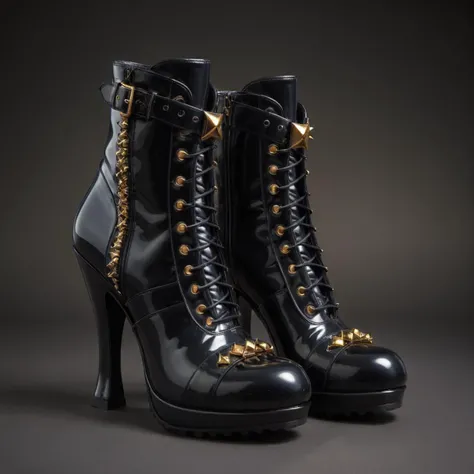 Abstract style <lora:LatexID_-_Ai_Heels:1> a pair of black boots with gold studs, heavy metal rave shoes, high heel boots, patent leather, high heels boots, stylish shoe design, black leather boots, high shoes, chanel boots, jester shoes, black boots, killer boots, platform boots, black shoes, pointy jester shoes, wearing black boots, leather boots, combat boots, heavy boots, dramatic details blurry background, Extremely high-resolution details, photographic, realism pushed to extreme, fine texture, incredibly lifelike . Extremely high-resolution details, realism pushed to extreme, fine texture, incredibly lifelike . Non-representational, colors and shapes, expression of feelings, imaginative, highly detailed