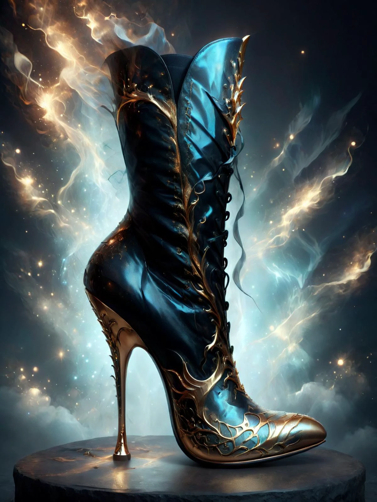 ethereal fantasy concept art of high heeled boots, stylish shoe design, in the style of highly detailed, black and gold theme, <lora:add-detail-xl:1> <lora:DonMD3m0nXL:1> DonMD3m0nXL <lora:LatexID_-_Ai_Heels:1> , magnificent, celestial, ethereal, painterly, epic, majestic, magical, fantasy art, cover art, dreamy, high key lighting, cinematic lighting