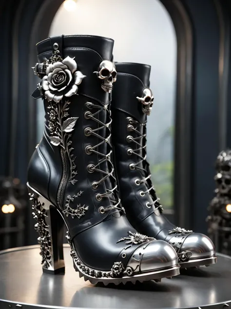 cinematic photo 100mm, RAW photograph of heavy metal boots, black leather, stylish shoe design, in the style of highly detailed, (silver steel skull:), (silver steel flower:0.8), <lora:add-detail-xl:0.5> <lora:LatexID_-_Ai_Heels:1> <lora:xl_more_art-full_v1:0.5>, 35mm photograph, film, bokeh, professional, 4k, highly detailed, high key lighting