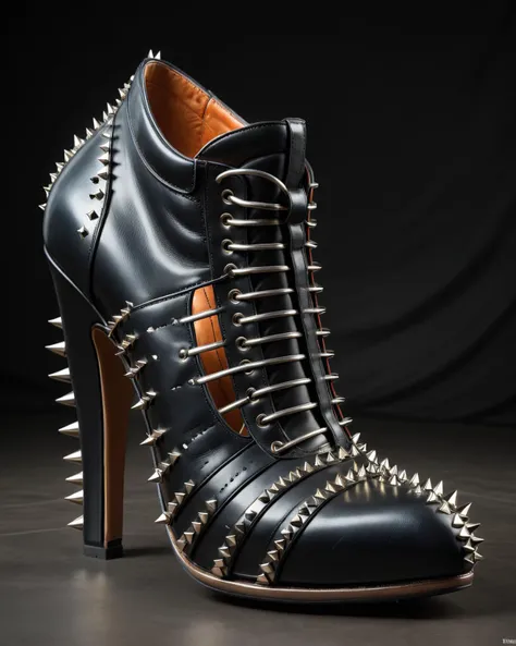 Hyperrealistic art (Ultrarealistic:1.3) <lora:LatexID_-_Ai_Heels:1> a black shoe with spikes on it, heavy metal rave shoes, spiked, spikes, stylish shoe design, pointy jester shoes, wearing studded leather, thin spikes, long metal spikes, long spikes, ornate spikes, studs, black shoes, in front of a black background, leather shoes, patent leather, whole shoe is in picture, jester shoes, reminiscent of blade runner . Extremely high-resolution details, photographic, realism pushed to extreme, fine texture, incredibly lifelike