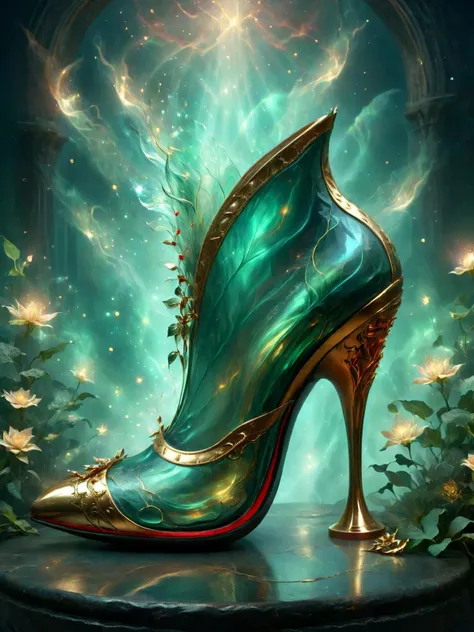 ethereal fantasy concept art of   gold and green theme with red accents, <lora:add-detail-xl:1>  <lora:DonMD3m0nXL:1> DonMD3m0nXL  <lora:LatexID_-_Ai_Heels:1> stylish shoe design  , magnificent, celestial, ethereal, painterly, epic, majestic, magical, fantasy art, cover art, dreamy, high key lighting, cinematic lighting