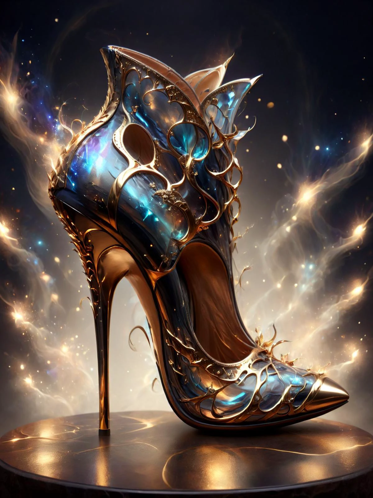 ethereal fantasy concept art of stilettos, high heels, stylish shoe design, in the style of highly detailed, black and gold theme, <lora:add-detail-xl:1> <lora:DonMD3m0nXL:1> DonMD3m0nXL <lora:LatexID_-_Ai_Heels:1> , magnificent, celestial, ethereal, painterly, epic, majestic, magical, fantasy art, cover art, dreamy, high key lighting, cinematic lighting