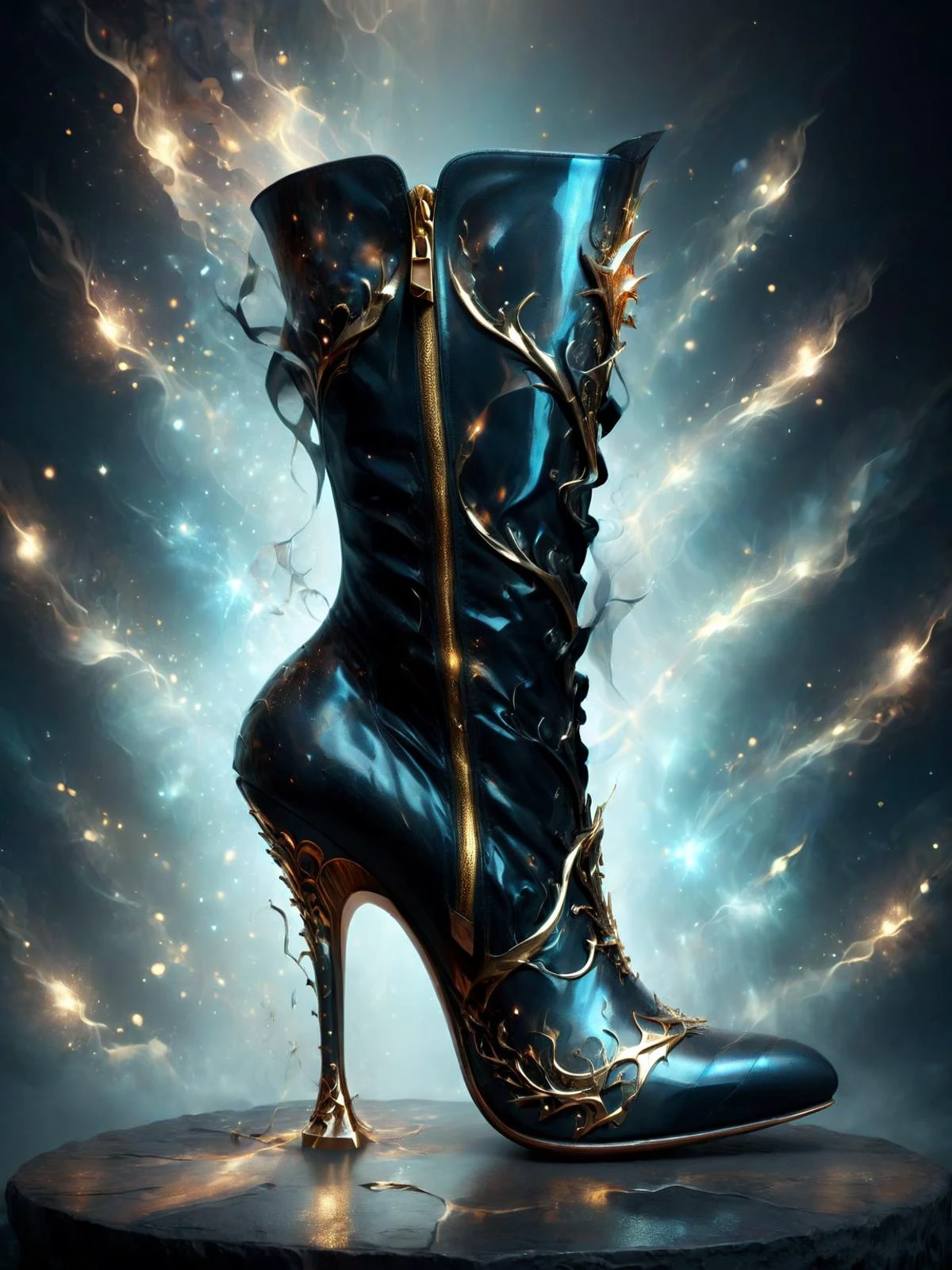 ethereal fantasy concept art of high heel boots, stylish shoe design, in the style of highly detailed, black theme with small golden accents, <lora:add-detail-xl:1> <lora:DonMD3m0nXL:1> DonMD3m0nXL <lora:LatexID_-_Ai_Heels:1> , magnificent, celestial, ethereal, painterly, epic, majestic, magical, fantasy art, cover art, dreamy, high key lighting, cinematic lighting