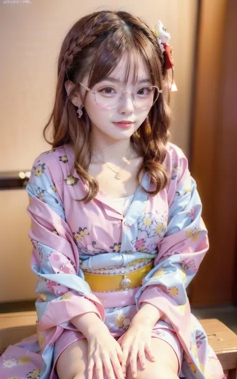 <lora:JPbathrobeMix1:0.8>, sitting, japanese clothes, kimono, floral print,
(blue/white/red/black/yellow/pink print  shirt),barrette,(pink/yellow/blue/white/red/black print long skirt),, ((sharp focus, Best quality, masterpiece, detailed face,beautiful face)),(realistic:1.3), finely detailed, quality, (masterpiece:1.2), (photorealistic:1.2), (best quality), (detailed skin:1.3), (intricate details), ray tracing, <lora:PancakeBNK48:0.8>,PancakeBNK48,glasses,20 years old, eyeliner, light blush, red lips, makeup, hair ornament,jewelry, earrings, necklace, smile