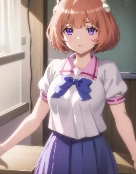 sabageyamii, <lora:sabage yamii s1-lora-nochekaiser:1>,
yamii, short hair, (purple eyes:1.1), brown hair, hair ornament, rabbit hair ornament, bangs, blunt bangs,
BREAK skirt, shirt, bow, school uniform, white shirt, short sleeves, serafuku, puffy sleeves, sailor collar, puffy short sleeves, blue bow, pink sailor collar,
BREAK indoors, classroom,
BREAK looking at viewer, (cowboy shot:1.5),
BREAK <lyco:GoodHands-beta2:1>, (masterpiece:1.2), best quality, high resolution, unity 8k wallpaper, (illustration:0.8), (beautiful detailed eyes:1.6), extremely detailed face, perfect lighting, extremely detailed CG, (perfect hands, perfect anatomy),