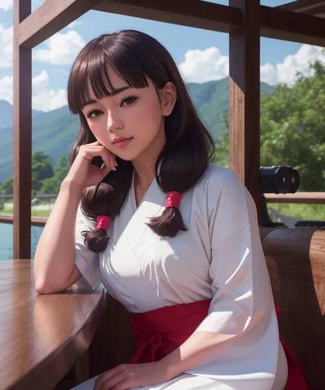 (raw photo, analog, extremely detailed, HD, film grain, high quality:1.3), utahime, long hair, (bangs, brown eyes), outdoors, sitting, cafe, crossed legs, sunny, kimono, full body <lora:Utahime:1.2>