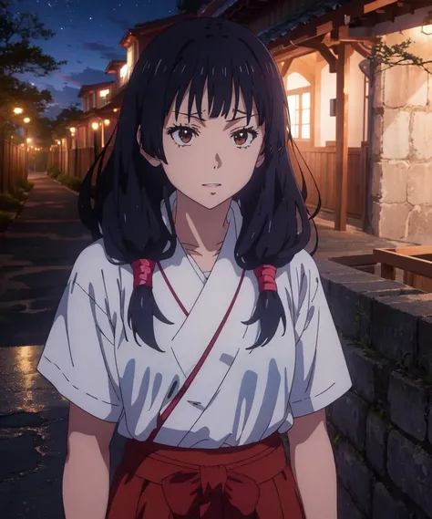 (anime, official art, extremely detailed, HD, high quality:1.3), utahime, long hair, bangs, brown eyes, red hakama, miko, outdoors, night, dim <lora:Utahime:1.1>