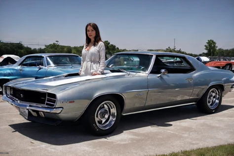 <lora:DianeWebber:0.85>, realstic photo of dianewebber, a woman standing next to a <lora:60s_Camaro:0.8> silver camaro, simple background, (masterpiece:1.0), (best quality:1.0), beautiful, (intricate details), unity 8k wallpaper, ultra detailed