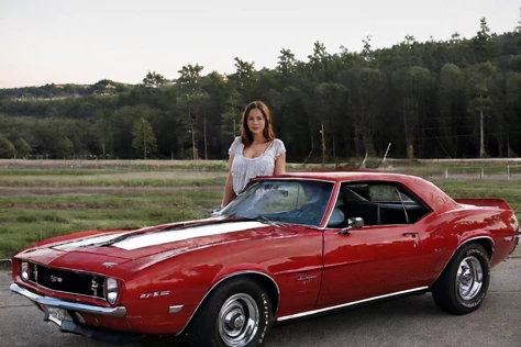 <lora:DianeWebber:0.8>, realstic photo of dianewebber, a woman posing next to a <lora:60s_Camaro:0.8> red camaro, simple background, (masterpiece:1.0), (best quality:1.0), beautiful, (intricate details), unity 8k wallpaper, ultra detailed