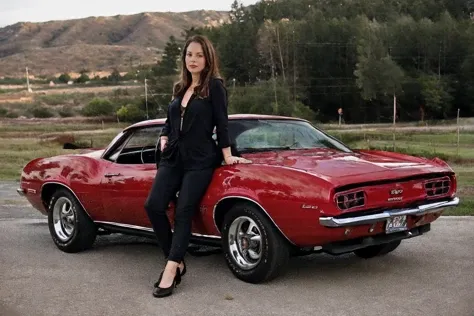 <lora:DianeWebber:0.8>, realstic photo of dianewebber, a woman posing next to a <lora:60s_Camaro:0.8> red camaro, simple background, (masterpiece:1.0), (best quality:1.0), beautiful, (intricate details), unity 8k wallpaper, ultra detailed