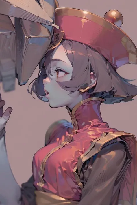 (masterpiece, best quality:1.2), extremely detailed, <lora:GAME_lei_lei_ownwaifu:1>jiangshi, short hair, colored skin, blue skin, lei lei, hat
