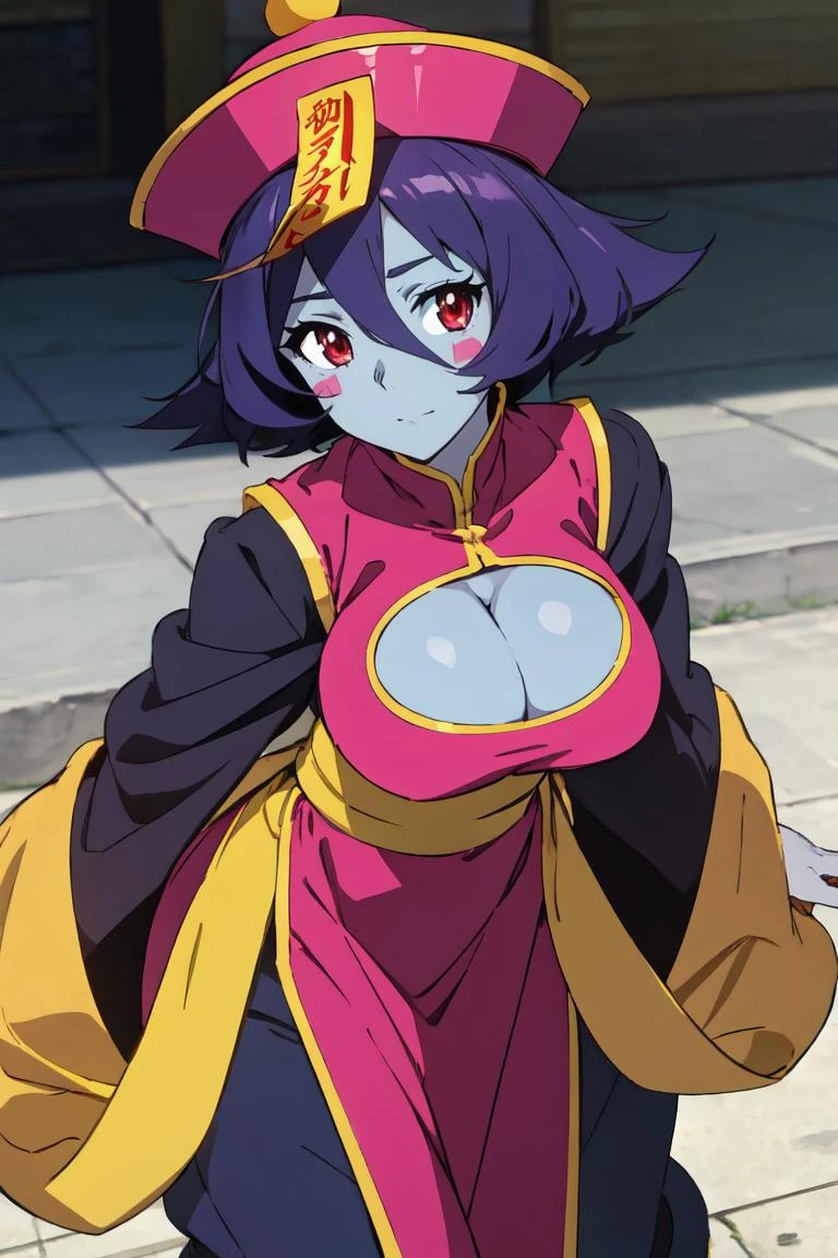 straight-on,pose,looking at viewer,solo, BREAK,
GAME_lei_lei_ownwaifu, www.ownwaifu.com,
lei lei, colored skin, short hair, blue skin, breasts, flipped hair, large breasts, red eyes, purple hair, hair between eyes, blush,
hat, jiangshi, chinese clothes, cleavage cutout, ofuda, cleavage, blush stickers, pants, pink headwear, dress, zombie, long sleeves, sash, wide sleeves, pink dress, sleeves past wrists, china dress, yellow sash,
<lora:GAME_lei_lei_ownwaifu:0.8> , BREAK, official art, highres, scenery, (masterpiece:1.1), (best quality,:1.1), (high quality:1.1), (anime screencap:1.2),