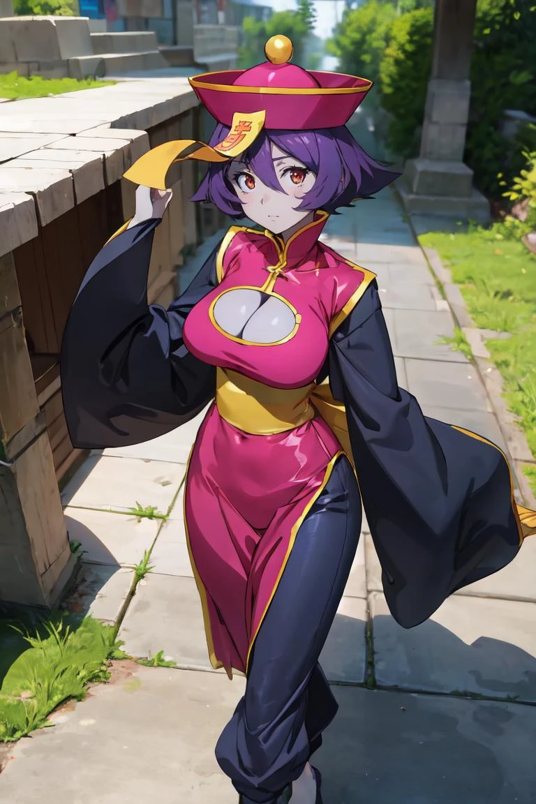 straight-on,pose,looking at viewer,solo, BREAK,
GAME_lei_lei_ownwaifu, www.ownwaifu.com,
lei lei, colored skin, short hair, blue skin, breasts, flipped hair, large breasts, red eyes, purple hair, hair between eyes, blush,
hat, jiangshi, chinese clothes, cleavage cutout, ofuda, cleavage, blush stickers, pants, pink headwear, dress, zombie, long sleeves, sash, wide sleeves, pink dress, sleeves past wrists, china dress, yellow sash,
<lora:GAME_lei_lei_ownwaifu:0.8> , BREAK, official art, highres, scenery, (masterpiece:1.1), (best quality,:1.1), (high quality:1.1), (anime screencap:1.2),