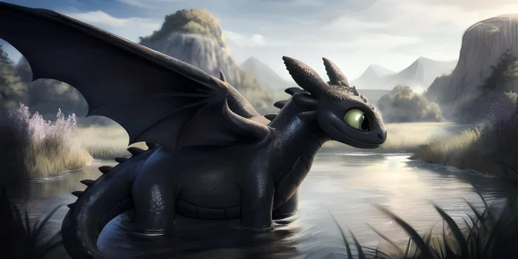 8K, best quality, masterpiece, volumetric lighting, extremely detailed, extremely detailed scales, detailed eyes, extremely detailed background, by whisperingfornothing, BREAK, <lora:ToothlessFRL27nO:0.8>, Toothless the dragon from How To Train Your Dragon, feral, feral dragon, tall grass, looking at viewer, wings folded against body, all black scales, watching fish in water,