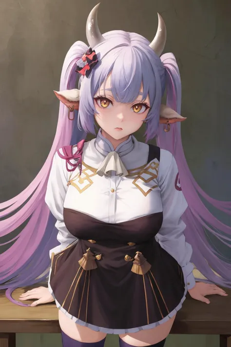 masterpiece, best quality, 1girl, solo, <lora:catura-gbf-richy-v1:1> caturarnd, horns, shimenawa, <lora:gmuniform2-nvwls-v1:0.8> gmuniform, blue thighhighs, piercing
