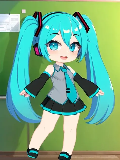 ((masterpiece, high quality, absurdres:1.2)),
1girl, full body, smile, open mouth, looking at viewer,
<lora:hatsunemiku1:0.8> mikudef,
classroom,
<lora:Gacha_Style-10:1> gachastyle, chibi