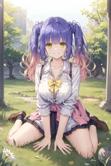 masterpiece,best quality,best shadow,dynamic angle,depth of field,1girl,school uniform,yellow bow,sweater around waist,<lora:kurumi:0.75>,smile,from below,
large breasts,looking at viewer,loafers,balck socks,squatting,white panties,cameltoe,
sunlight,grass,street,<lora:add_detailæ·»å ç»è:0.3>,