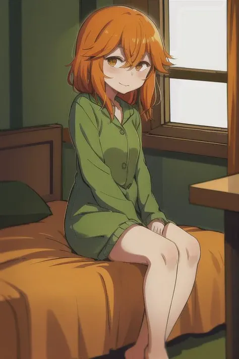 masterpiece, best quality, absurdres, 1girl, solo, petite, <lora:cupa_minecraft_v0.0:0.7>, cupa_minecraft, orange hair, orange eyes, medium hair, small breasts, wide-eyed, green pajamas, bedroom, bed, window, sitting, sitting, legs together, looking at viewer, pov,