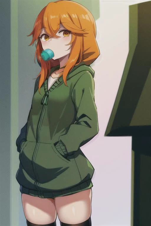 masterpiece, best quality, absurdres, 1girl, solo, petite, <lora:cupa_minecraft_v0.0:0.7>, cupa_minecraft, orange eyes, small breasts, green hoodie, green thighhighs, hands in pocket, looking away, blowing bubblegum bubble, bored, cowboy shot, standing, minecraft sky