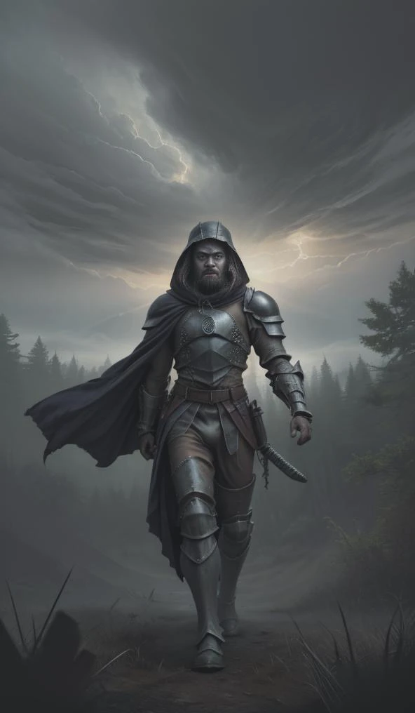 Dystopian style (((view from below))), long torso, <lora:ParDet-ColCin:0.43>, ((forest clearing, dynamic action scene:1.7)), ((menacing pose, with a broad sword:1.4)), (leather and fur trousers, detailed fur garment, intricate leather ornaments:1.2), ((large traveller's hat, with big feathers:1.4)), Drifting audaciously through the celestial realm, a courageous bearded Man, (Male, intricately bearded, beard:1.4) (male warrior), His luminous opaque skin aglow with celestial radiance, embodies weightlessness in a mesmerizing Mystery-fantasy full-body illustration. His captivating azure eyes mirror the harsh, diffused light of the celestial dawn, resonating with the tranquility of the heavens. ((Clad in flowing attire adorned with celestial motifs, he wears intricately crafted celestial (armor, with detailed armament), establishing overwhelming war strength)), each piece infused with the power of the cosmos. Surrounded by swirling clouds, he strikes a dynamic floating pose, epitomizing the unwavering spirit of the celestial (male warrior). ((His cloak, woven from strands of endangering clouds and shimmering stardust), billows, wind whipped audaciously in the celestial currents), adding to the celestial enchantment of the scene. With His elegant floating poise, he exudes strength and determination amidst the boundless expanse of the celestial realm. ((Suspended high in the sky amidst the celestial clouds), he invites viewers to immerse themselves in the captivating daring venture of the celestial landscape. Inspired by the serenity of the sky and the visionary works of (((Simon Stålenhag), by Yoko Honda), by Thomas Kinkade), Greg Rutkowski), and Bob Ross., Menacing Lighting: Menacing lighting creates a picture with a (sinister and foreboding atmosphere:1.2), utilizing dark shadows and eerie illumination to evoke a sense of threat and intimidation. This technique results in (ominous tones and sharp contrasts:1.3), infusing the scene with an unsettling feeling of danger. By harnessing the power of light to convey menace, this lighting style (immerses viewers in a world of looming dread:1.4), inviting them to confront the ominous presence within the Prompt. . Bleak, post-apocalyptic, somber, dramatic, highly detailed