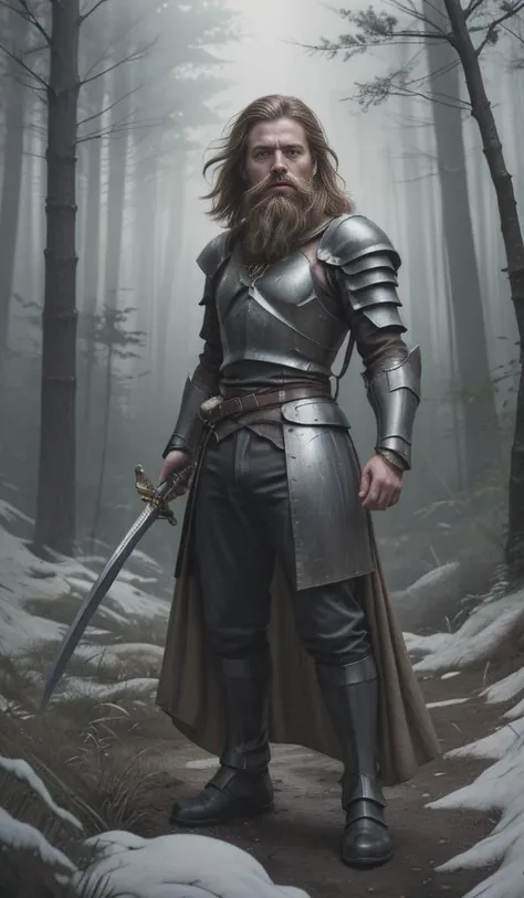 Wide angle Shot (((view from below))), long torso, <lora:ParDet-ColCin:0.43>, ((forest clearing, dynamic action scene:1.7)), ((menacing pose, with a broad sword:1.4)), (leather and fur trousers, detailed fur garment, intricate leather ornaments:1.2), Imbued with mesmerizing detail and captivating imagery, a striking and audacious bearded Man, (Male, intricately bearded, beard:1.4) (male warrior) commands attention in a spellbinding Mystery-fantasy full-body illustration. His piercing light blue glowing eyes exude determination as she audaciously depicts proudly clad in intricately jeweled (armor, with detailed armament), establishing overwhelming war strength and an elaborate ornamented cloak. The frost-kissed (armor, with detailed armament), establishing overwhelming war strength, depicting shimmering icy gem stones, reflects the harsh yet beautiful landscape of the icy mountaintop. Amidst swirling snowstorms and frost-covered terrain, he radiates an aura of heroic representational dynamic stance, His cloak billowing majestically in the frigid winds. With a dynamic and fluid pose, he presents His most resolute side, embodying unwavering courage and fierce determination. Inspired by the visionary works of ((Greg Rutkowski), by Milo Manara) and Yoko Honda, this illustration invites viewers into a world of mystery and fantasy, wHise every detail tells a story., Menacing Lighting: Menacing lighting creates a picture with a (sinister and foreboding atmosphere:1.2), utilizing dark shadows and eerie illumination to evoke a sense of threat and intimidation. This technique results in (ominous tones and sharp contrasts:1.3), infusing the scene with an unsettling feeling of danger. By harnessing the power of light to convey menace, this lighting style (immerses viewers in a world of looming dread:1.4), inviting them to confront the ominous presence within the Prompt. wide angle, cinematic establishing shot, (attention-grabbing, catchy), intricate detail, 8k uhd, dslr, soft lighting, high quality, film grain, highly detailed background, shallow depth of field, vignette, highly detailed, high budget, bokeh, cinemascope, moody, epic, gorgeous, film grain, grainy, volumetric lighting, subsurface scattering, special effects, color grading, fantasy aura, (vibrant colors, sharp focus, cinematic bloom), official art, official wallpaper, surreal, whimsical atmosphere, powerful energy, cinematic lighting, (extremely intricate), (adorned, glossy, crisp focus), perfect anatomy, transparent, polishing, glowing, shine, dazzling, crisp contrast,