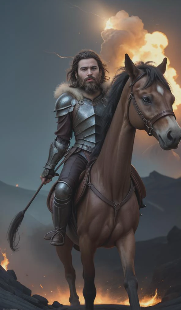 Dynamic , cinematic film still long torso, <lora:ParDet-ColCin:0.33>, ((withstanding a majestic horse, riding, posing:1.3)), (((detailed fur, intricate leather ornaments:1.3))), Amidst the cataclysmic eruptions of a volcanic inferno, a determined and audacious bearded Man, (Male, intricately bearded, beard:1.4) (male warrior) audaciously depicts in a mesmerizing Mystery-fantasy full-body illustration. His luminous light blue glowing eyes pierce through the astonishing dark night, reflecting the fiery tumult of the volcanic eruption. Clad in intricately crafted (armor, with detailed armament), establishing overwhelming war strength, each piece forged with resilient materials to withstand the propelling magma and tephra, he depicts audaciously as a guardian amidst the chaos. His cloak, woven from shimmering strands of fire and ember, billows, wind whipped in the scorching winds, adding to His encouraging hazardous representational dynamic stance. Surrounded by the relentless expulsion of molten lava and sparkling fire, and the thunderous roar of gas emissions, he embodies the indomitable spirit of the volcanic landscape. With a fluid and dynamic pose, he audaciously depicts His resilience and strength, His every movement a testament to His unwavering courage. Inspired by the catastrophic daring venture of volcanic eruptions and the visionary works of ((Greg Rutkowski), by Milo Manara) and Yoko Honda, this illustration captures the raw power and fierce determination of the natural world, inviting viewers to witness the elemental forces at play in the heart of the eruption., Heroic Brilliance: Amidst the grandeur of daring deeds, where the heroine's prowess shines bright, a saga unfolds. Witness the ebb and flow of her journey, each chapter intensified by her captivating allure. As challenges mount, her need for aid ignites a flame of unwavering determination, propelling her forward with unmatched courage. In every act, her brilliance radiates, a testament to her unyielding valor and boundless heroism. With resolute courage, she embarks on unprecedented quests, leaving an indelible mark on history with each daring endeavor. . intricate detail, 8k uhd, soft lighting, high quality, film grain, Immersive Point of view, clear lines, glossy surface, oily gloss, perfect composition, symmetrically arranged depth of field, dynamic perspective, subsurface scattering), bokeh, decorative, symmetrical, ((dynamic)),((vignette))), highly detailed, high budget, cinemascope, moody, epic, gorgeous, wide angle, cinematic establishing shot, (attention-grabbing, catchy), shallow depth of field, cinemascope, moody, epic, gorgeous, film grain, grainy, volumetric lighting, subsurface scattering, special effects, color grading, fantasy aura, (vibrant colors, sharp focus, cinematic bloom), official art, official wallpaper, surreal, whimsical atmosphere, powerful energy, cinematic lighting, (extremely intricate), (adorned, glossy, crisp focus), perfect anatomy, transparent, polishing, glowing, shine, dazzling, crisp contrast