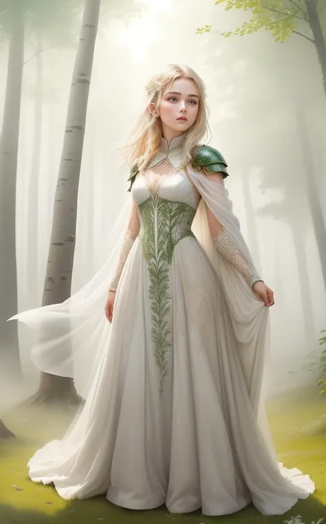 Epic style <lora:ParDet-ColCin:0.46>, <lora:ParDetLoFa3:0.53>, Amidst the serene landscape of Siberia, with white birches and high grass, a determined and audacious female warrior, ((with bright white translucent, transparent, and light-transmissive pale skin)), gracefully depicts in a mesmerizing Mystery-fantasy full-body illustration. Her piercing green eyes reflect the soft, diffused light of the early morning, capturing the secluded ambiance of the scene. ((Over her gently flowing dress adorned with herbal and foliage patterns, she dons intricately crafted highly protective armor), each piece designed to blend seamlessly with the natural surroundings). She depicts a dynamic stance amidst the Russian birch forest, presenting the amazing prowess of the mighty and potent warrior of the Siberian birch forest. ((Her translucent cloak, intricately woven from glossy strands of white fog and mist), billows gently in the cool morning breeze), adding a touch of earthly resilience to the ethereal atmosphere. With her highly dynamic poise, she embodies a sense of quiet strength and determination. Surrounded by the small birches and tall grass, she invites viewers to immerse themselves in the amazing expanse of the woodland. Inspired by the purity and serenity of the forest and the visionary works of ((Greg Rutkowski), by Milo Manara) and Yoko Honda..