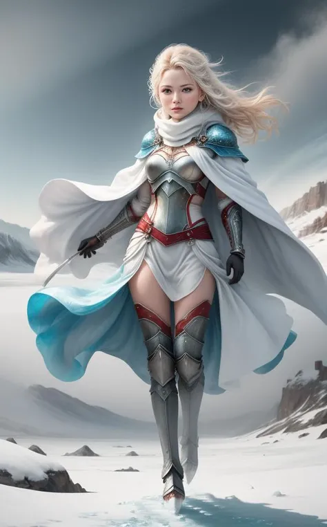 Epic style <lora:ParDet-ColCin:0.46>, <lora:ParDetLoFa3:0.53>, Amidst the frozen expanse of the Arctic desert, a determined and audacious female warrior gracefully depicts in a mesmerizing Mystery-fantasy full-body illustration. Her piercing ice-blue eyes reflect the frigid darkness of the Arctic night, capturing the essence of the icy wilderness that surrounds her. Clad in intricately crafted armor, each piece forged to endure the biting cold and harsh winds, she gracefully depicts as a beacon of strength amidst the frozen wastes. ((Her shimmering reinforced cloak, woven from strands of frost and ice crystals), billows in the chilling winds), adding to her ethereal presence. Surrounded by the relentless blizzards and swirling snow, she embodies the untamed spirit of the Arctic desert. With each fluid movement, she exudes resilience and determination, inviting viewers to witness the raw beauty and fierce resilience of the frozen landscape..