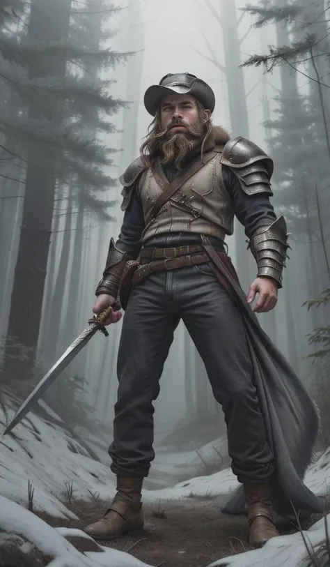 anime artwork (((view from below))), long torso, <lora:ParDet-ColCin:0.43>, ((forest clearing, dynamic action scene:1.7)), ((menacing pose, with a broad sword:1.4)), (leather and fur trousers, detailed fur garment, intricate leather ornaments:1.2), ((large traveller's hat, very wide brim:1.8)), (((majestic horse near by:1.2))), A striking, highly detailed Mystery-fantasy full-body illustration features a resolute and audacious bearded Man, (Male, intricately bearded, beard:1.4) (male warrior), His light blue glowing eyes peering from beneath an intricately jeweled (armor, with detailed armament), establishing overwhelming war strength and a flowing epic ornamented cloak. The icy (armor, with detailed armament), establishing overwhelming war strength, depicting shimmering gem stones, contrasts against the stormy icy mountaintop. A frost god watches over the scene as the (male warrior) exudes heroic representational dynamic stance amidst swirling snowstorms and frost-covered peaks. With an audacious demeanor and fierce determination, he audaciously depicts in a fluid dynamic pose, showcasing His decisive demeanor. Inspired by ((Greg Rutkowski), by Milo Manara) and Yoko Honda, the illustration captures the essence of mystery-fantasy with intricate details and bold storytelling., Menacing Lighting: Menacing lighting creates a picture with a (sinister and foreboding atmosphere:1.2), utilizing dark shadows and eerie illumination to evoke a sense of threat and intimidation. This technique results in (ominous tones and sharp contrasts:1.3), infusing the scene with an unsettling feeling of danger. By harnessing the power of light to convey menace, this lighting style (immerses viewers in a world of looming dread:1.4), inviting them to confront the ominous presence within the Prompt. . anime style, key visual, vibrant, studio anime, highly detailed