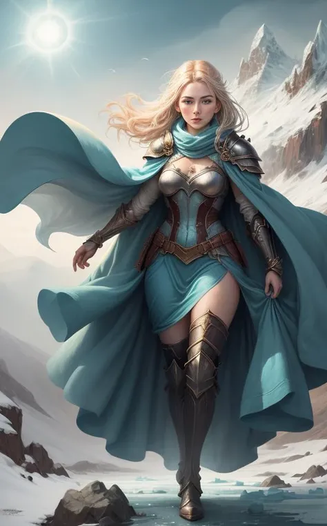 Epic style <lora:ParDet-ColCin:0.46>, <lora:ParDetLoFa3:0.23>, Within a mesmerizing and meticulously crafted Mystery-fantasy full-body illustration, a resolute and audacious female warrior commands the spotlight with her luminous light blue glowing eyes. Clad in an intricately adorned armor and a sumptuous cloak, she epitomizes strength and determination against the backdrop of the icy mountaintop's turbulent atmosphere. The frost-kissed armor, adorned with dazzling icy gem stones, reflects the harsh beauty of her surroundings. Amidst swirling snowstorms and frost-covered peaks, she radiates an aura of heroic grandeur, her cloak fluttering in the frigid winds. With a fluid and dynamic pose, she presents her most formidable side, embodying unwavering courage and fierce resolve. Inspired by the visionary works of ((Greg Rutkowski), by Milo Manara) and Yoko Honda, this illustration captivates with its attention to detail and evocative storytelling, delivering an immersive journey into the realm of mystery-fantasy..