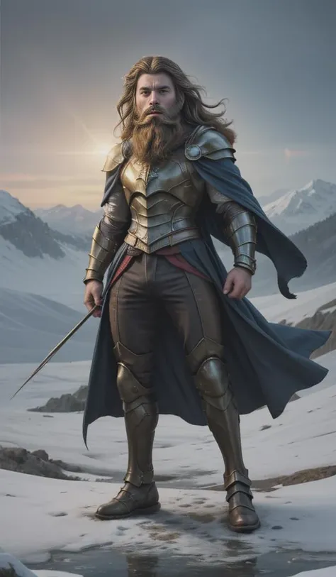 Dynamic , cinematic film still long torso, <lora:ParDet-ColCin:0.33>, Embodied within an enchanting and meticulously depicted Mystery-fantasy full-body illustration, a steadfast and audacious bearded Man, (Male, intricately bearded, beard:1.4) (male warrior) captivates with His luminous light blue glowing eyes. Draped in an intricately crafted (armor, with detailed armament), establishing overwhelming war strength adorned with opulent icy gem stones, and a majestic cloak flowing behind His, he audaciously depicts as a symbol of resilience amidst the tumultuous icy mountaintop. Surrounded by swirling snowstorms and frost-covered peaks, he emanates an aura of heroic determination, His cloak billowing dramatically in the biting winds. With a dynamic and fluid pose, he presents His most formidable side to the world, embodying unwavering courage and indomitable spirit. Drawing inspiration from the visionary styles of ((Greg Rutkowski), by Milo Manara) and Yoko Honda, this illustration evokes a sense of wonder and intrigue with its meticulous attention to detail and compelling narrative., Heroic Brilliance: Amidst the grandeur of daring deeds, where the heroine's prowess shines bright, a saga unfolds. Witness the ebb and flow of her journey, each chapter intensified by her captivating allure. As challenges mount, her need for aid ignites a flame of unwavering determination, propelling her forward with unmatched courage. In every act, her brilliance radiates, a testament to her unyielding valor and boundless heroism. With resolute courage, she embarks on unprecedented quests, leaving an indelible mark on history with each daring endeavor. . intricate detail, 8k uhd, soft lighting, high quality, film grain, Immersive Point of view, clear lines, glossy surface, oily gloss, perfect composition, symmetrically arranged depth of field, dynamic perspective, subsurface scattering), bokeh, decorative, symmetrical, ((dynamic)),((vignette))), highly detailed, high budget, cinemascope, moody, epic, gorgeous, wide angle, cinematic establishing shot, (attention-grabbing, catchy), shallow depth of field, cinemascope, moody, epic, gorgeous, film grain, grainy, volumetric lighting, subsurface scattering, special effects, color grading, fantasy aura, (vibrant colors, sharp focus, cinematic bloom), official art, official wallpaper, surreal, whimsical atmosphere, powerful energy, cinematic lighting, (extremely intricate), (adorned, glossy, crisp focus), perfect anatomy, transparent, polishing, glowing, shine, dazzling, crisp contrast
