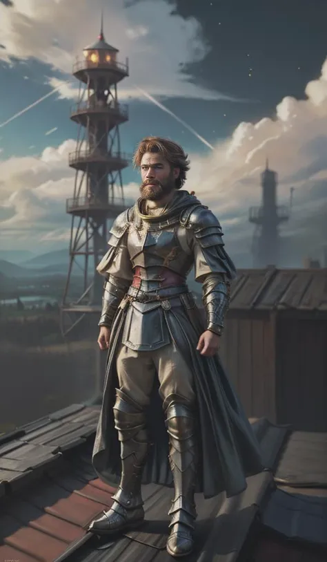 Dynamic , cinematic film still long torso, <lora:ParDet-ColCin:0.73>, ((atop a wooden defense tower:1.5)), ((standing on the roof, observing the horizon:1.4)), (detailed fur details, intricate leather ornaments), Floating serenely amidst the celestial expanse, a fearless bearded Man, (Male, intricately bearded, beard:1.4) (male warrior), His radiant opaque skin glowing with celestial energy, audaciously embodies weightlessness in a captivating Mystery-fantasy full-body illustration. His mesmerizing azure eyes reflect the harsh, diffused light of the celestial dawn, evoking the tranquility of the heavens. ((Drapped in flowing attire adorned with celestial motifs, he wears intricately crafted celestial (armor, with detailed armament), establishing overwhelming war strength)), each piece forged to harness the power of the cosmos. Amidst the swirling clouds, he strikes a dynamic floating pose, showcasing the indomitable spirit of the celestial (male warrior). ((His cloak, woven from strands of endangering clouds and shimmering stardust), billows, wind whipped audaciously in the celestial currents), adding to the celestial enchantment of the scene. With His graceful floating poise, he embodies strength and determination amidst the infinite expanse of the celestial realm. ((Suspended high in the sky amidst the celestial clouds), he invites viewers to lose themselves in the enchanting daring venture of the celestial landscape. Inspired by the serenity of the sky and the visionary works of (((Simon Stålenhag), by Yoko Honda), by Thomas Kinkade), Greg Rutkowski), and Bob Ross., Heroic Brilliance: Amidst the grandeur of daring deeds, where the heroine's prowess shines bright, a saga unfolds. Witness the ebb and flow of her journey, each chapter intensified by her captivating allure. As challenges mount, her need for aid ignites a flame of unwavering determination, propelling her forward with unmatched courage. In every act, her brilliance radiates, a testament to her unyielding valor and boundless heroism. With resolute courage, she embarks on unprecedented quests, leaving an indelible mark on history with each daring endeavor. . intricate detail, 8k uhd, soft lighting, high quality, film grain, Immersive Point of view, clear lines, glossy surface, oily gloss, perfect composition, symmetrically arranged depth of field, dynamic perspective, subsurface scattering), bokeh, decorative, symmetrical, ((dynamic)),((vignette))), highly detailed, high budget, cinemascope, moody, epic, gorgeous, wide angle, cinematic establishing shot, (attention-grabbing, catchy), shallow depth of field, cinemascope, moody, epic, gorgeous, film grain, grainy, volumetric lighting, subsurface scattering, special effects, color grading, fantasy aura, (vibrant colors, sharp focus, cinematic bloom), official art, official wallpaper, surreal, whimsical atmosphere, powerful energy, cinematic lighting, (extremely intricate), (adorned, glossy, crisp focus), perfect anatomy, transparent, polishing, glowing, shine, dazzling, crisp contrast