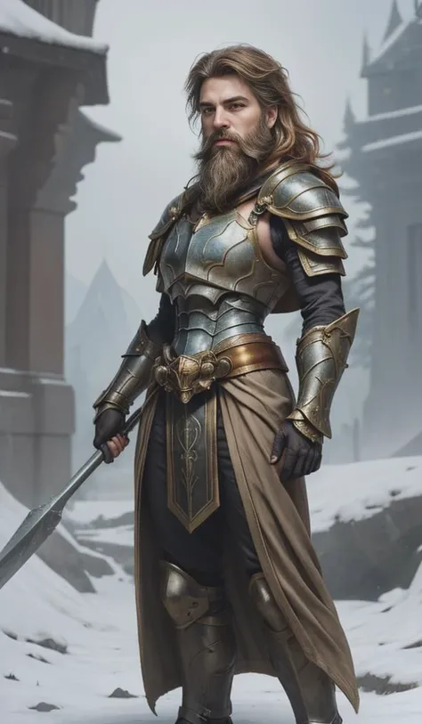 Dynamic , cinematic film still long torso, <lora:ParDet-ColCin:0.33>, A striking, highly detailed Mystery-fantasy full-body illustration features a resolute and audacious bearded Man, (Male, intricately bearded, beard:1.4) (male warrior), His light blue glowing eyes peering from beneath an intricately jeweled (armor, with detailed armament), establishing overwhelming war strength and a flowing epic ornamented cloak. The icy (armor, with detailed armament), establishing overwhelming war strength, depicting shimmering gem stones, contrasts against the stormy icy mountaintop. A frost god watches over the scene as the (male warrior) exudes heroic representational dynamic stance amidst swirling snowstorms and frost-covered peaks. With an audacious demeanor and fierce determination, he audaciously depicts in a fluid dynamic pose, showcasing His decisive demeanor. Inspired by ((Greg Rutkowski), by Milo Manara) and Yoko Honda, the illustration captures the essence of mystery-fantasy with intricate details and bold storytelling., Baroque Majesty: Journey into an era resonating with (dramatic opulence and artistic grandeur:1.2), fusing sumptuous Baroque elements with deep cultural reverence. Defined by (lush, vibrant hues and majestic shadows:1.3), it conjures (visual magnificence and refined splendor, transporting observers to an epoch of opulent beauty:1.2). Embracing opulent Baroque radiance fosters cultural allure, immersing viewers in an era echoing Baroque Europe's grandeur and sumptuous legacy, prompting them to embrace cultural brilliance with reverence and admiration. . intricate detail, 8k uhd, soft lighting, high quality, film grain, Immersive Point of view, clear lines, glossy surface, oily gloss, perfect composition, symmetrically arranged depth of field, dynamic perspective, subsurface scattering), bokeh, decorative, symmetrical, ((dynamic)),((vignette))), highly detailed, high budget, cinemascope, moody, epic, gorgeous, wide angle, cinematic establishing shot, (attention-grabbing, catchy), shallow depth of field, cinemascope, moody, epic, gorgeous, film grain, grainy, volumetric lighting, subsurface scattering, special effects, color grading, fantasy aura, (vibrant colors, sharp focus, cinematic bloom), official art, official wallpaper, surreal, whimsical atmosphere, powerful energy, cinematic lighting, (extremely intricate), (adorned, glossy, crisp focus), perfect anatomy, transparent, polishing, glowing, shine, dazzling, crisp contrast