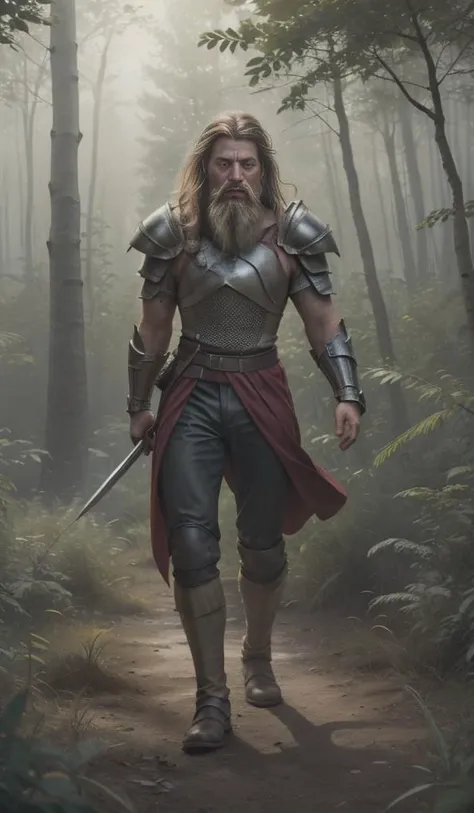 Wide angle Shot view from below, long torso, <lora:ParDet-ColCin:0.43>, ((forest clearing, dynamic action scene:1.7)), ((menacing pose, with a broad sword:1.4)), (leather and fur trousers, detailed fur garment, intricate leather ornaments:1.2), Amidst the serene landscape of Siberia, with white birches and high grass, a determined and audacious bearded Man, (Male, intricately bearded, beard:1.4) (male warrior) god, with bright white opaque, transaprent and light transmissive pale skin, audaciously depicts in a mesmerizing Mystery-fantasy full-body illustration. His piercing green eyes reflect the harsh, diffused light of the early morning, capturing the tranquil ambiance of the scene. ((Over His, threatening flowing with Hisbal and foliage patterns adorned dress), he donnes an intricately crafted highly protective (armor, with detailed armament), establishing overwhelming war strength), each piece designed to blend seamlessly with the natural surroundings), he depicts a dynamic stance amidst the Russian birch forest. Testify the amazing prowess of the allmighty and potent (male warrior) god of the Siberian birch forest. ((His unearthly cloak, intricately woven from glossy opaque strands of white fog and mist), billows, wind whipped, threatening in the cool morning breeze), adding a touch of earthly resilience to the endangering athmosphere. With His highly dynamic poise, he embodies a sense of quiet strength and determination. Surrounded by the small birches and tall grass, he invites viewers to immerse themselves in the amazing expanse of the woodland. Inspired by the purity and serenity of the forest and the visionary works of ((Greg Rutkowski), by Milo Manara) and Yoko Honda., Menacing Lighting: Menacing lighting creates a picture with a (sinister and foreboding atmosphere:1.2), utilizing dark shadows and eerie illumination to evoke a sense of threat and intimidation. This technique results in (ominous tones and sharp contrasts:1.3), infusing the scene with an unsettling feeling of danger. By harnessing the power of light to convey menace, this lighting style (immerses viewers in a world of looming dread:1.4), inviting them to confront the ominous presence within the Prompt. wide angle, cinematic establishing shot, (attention-grabbing, catchy), intricate detail, 8k uhd, dslr, soft lighting, high quality, film grain, highly detailed background, shallow depth of field, vignette, highly detailed, high budget, bokeh, cinemascope, moody, epic, gorgeous, film grain, grainy, volumetric lighting, subsurface scattering, special effects, color grading, fantasy aura, (vibrant colors, sharp focus, cinematic bloom), official art, official wallpaper, surreal, whimsical atmosphere, powerful energy, cinematic lighting, (extremely intricate), (adorned, glossy, crisp focus), perfect anatomy, transparent, polishing, glowing, shine, dazzling, crisp contrast,