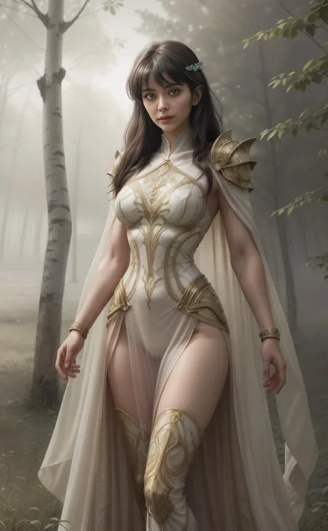 Hyperrealistic art ((standing atop height:1.2)), smiling, ((view from below, view from the bottom)) <lora:HXarmour_040:0.49>, Amidst the serene landscape of Siberia, with white birches and high grass, a determined and audacious female warrior, ((with bright white translucent, transparent, and light-transmissive pale skin)), gracefully depicts in a mesmerizing Mystery-fantasy full-body illustration. Her piercing green eyes reflect the soft, diffused light of the early morning, capturing the secluded ambiance of the scene. ((Over her gently flowing dress adorned with herbal and foliage patterns, she dons intricately crafted highly protective armor), each piece designed to blend seamlessly with the natural surroundings). She depicts a dynamic stance amidst the Russian birch forest, presenting the amazing prowess of the mighty and potent warrior of the Siberian birch forest. ((Her translucent cloak, intricately woven from glossy strands of white fog and mist), billows gently in the cool morning breeze), adding a touch of earthly resilience to the ethereal atmosphere. With her highly dynamic poise, she embodies a sense of quiet strength and determination. Surrounded by the small birches and tall grass, she invites viewers to immerse themselves in the amazing expanse of the woodland. Inspired by the purity and serenity of the forest and the visionary works of ((Greg Rutkowski), by Milo Manara) and Yoko Honda. . Extremely high-resolution details, photographic, realism pushed to extreme, fine texture, incredibly lifelike